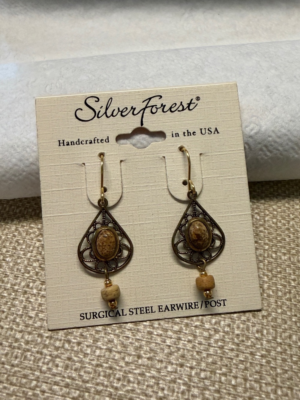 Silver Forest Brown and Gold Teardrop Filigree Dangle Earrings